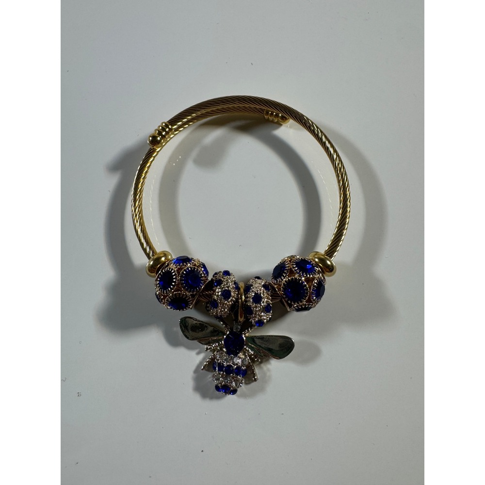 Gold Tone Bumble Bee Cable Wire Bangle Bracelet Blue Rhinestone Charms Cuff